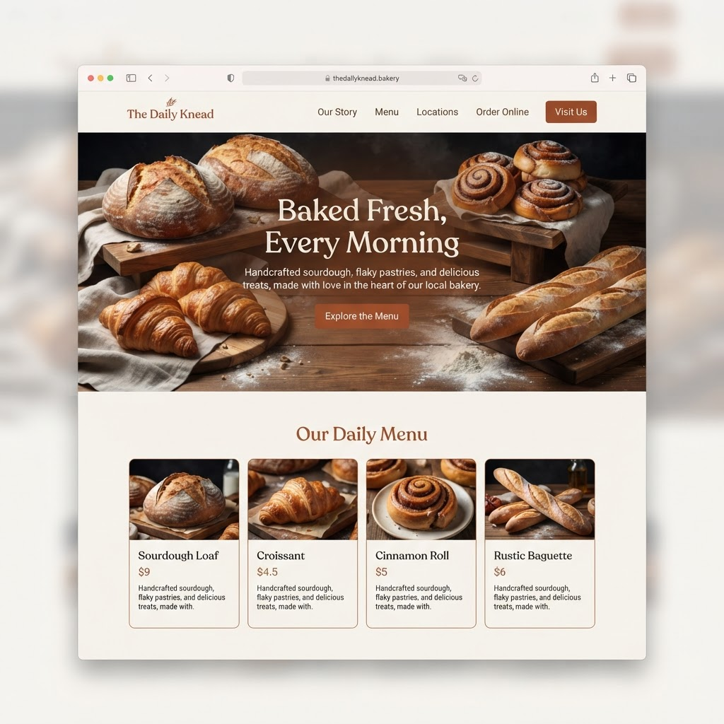 Hearthstone Bakery website — warm off-white browser screenshot with artisan bread hero [placeholder]