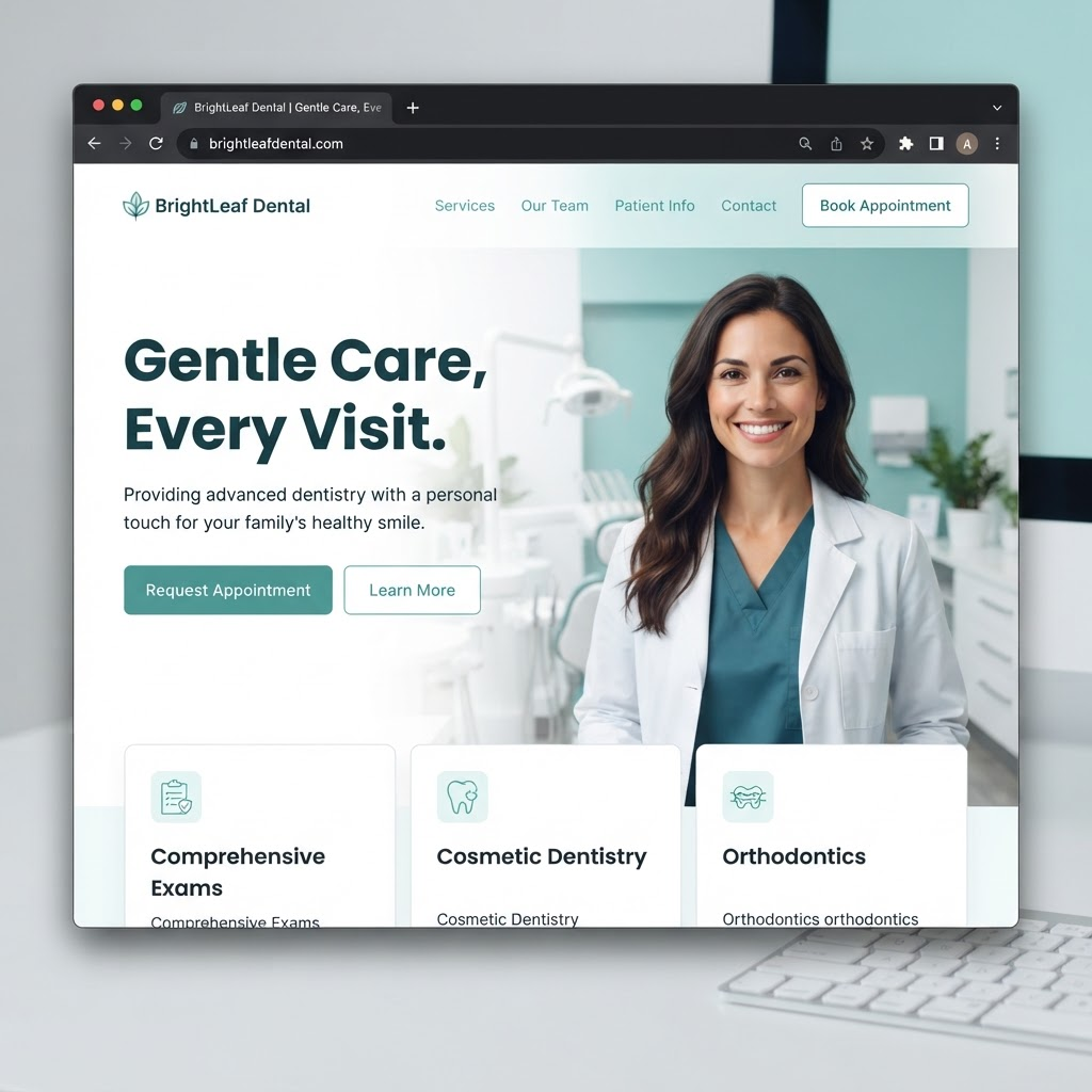 Millbrook Dental website — browser screenshot showing clean teal and white hero with appointment booking [placeholder]