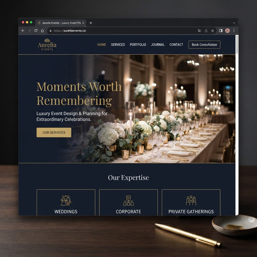 Foxgrove Events website — dark navy and gold browser screenshot with event photos [placeholder]