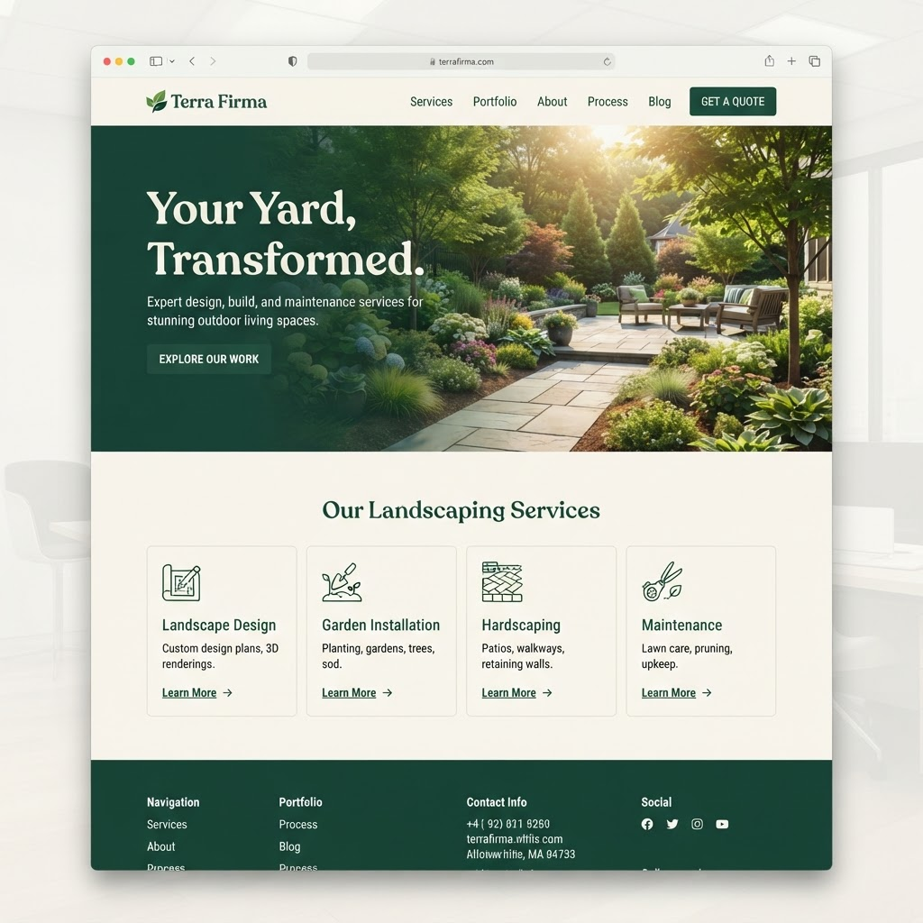 Greenway Landscape website — browser screenshot with lush green hero and services grid [placeholder]