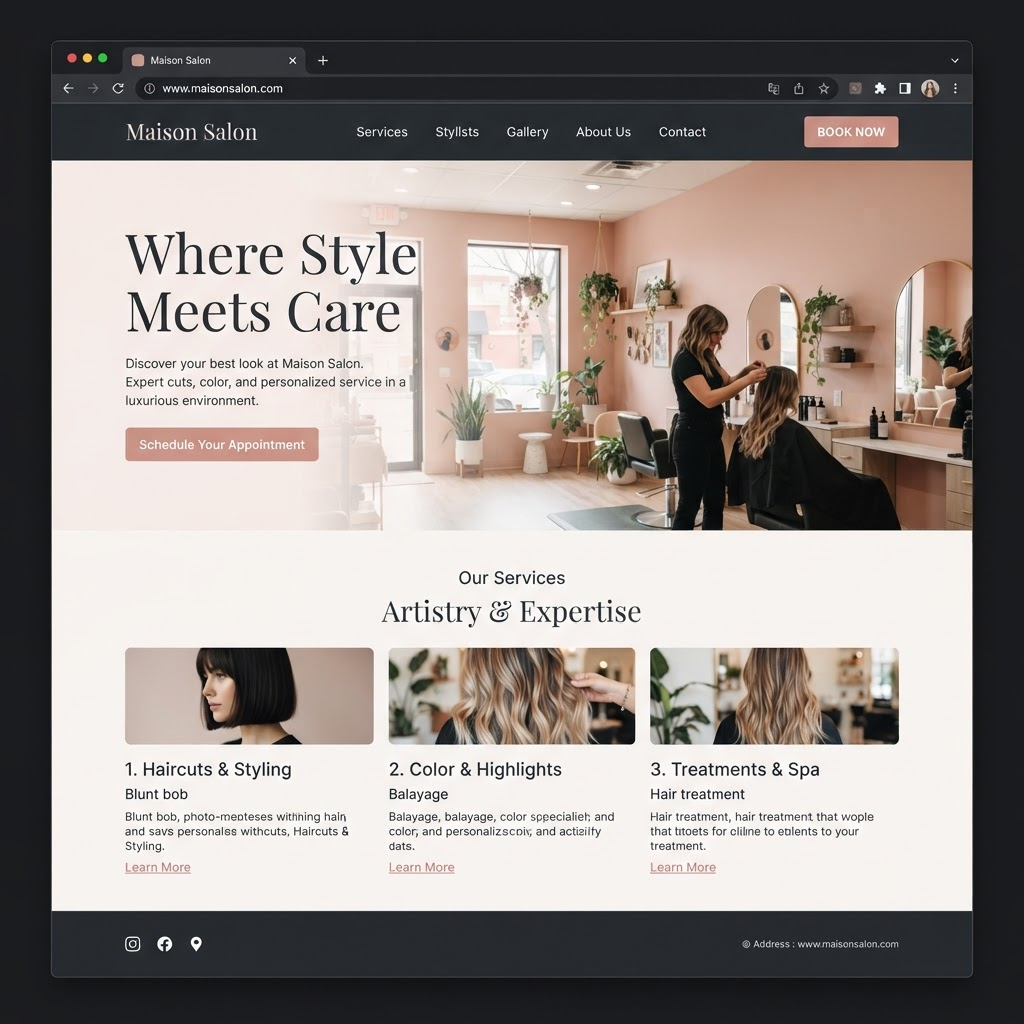 Velour Salon website — blush pink and charcoal browser screenshot with salon interior [placeholder]